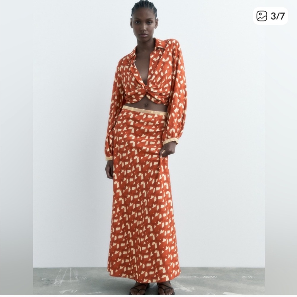 Zara Terracotta Patterned Maxi Skirt Set
